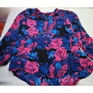 Christian Siriano Floral Neck Tie Ruffle Long Sleeve Smocked Blouse Size Large